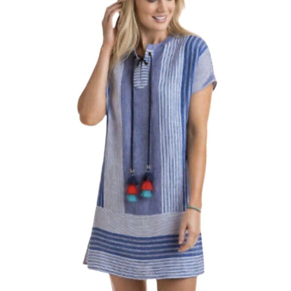 Vineyard Vines Women’s Blue and White Striped Linen Dress with Tassels Size 00 - Picture 1 of 6